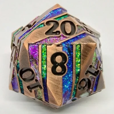 Large Metal d20 (35mm): Copper with multi-coloured stripes