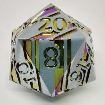 Large Metal d20 (35mm): Silver with rainbow stripes