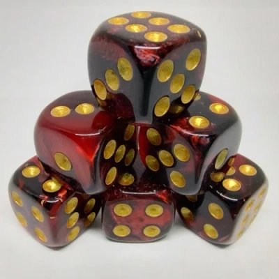 Set of 30 12mm d6 in a bottle with crew-cap - red & black with gold pips