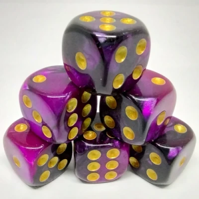 Set of 30 12mm d6 in a bottle with crew-cap - purple & black with gold pips