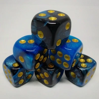 Set of 30 12mm d6 in a bottle with crew-cap - blue & black with gold pips