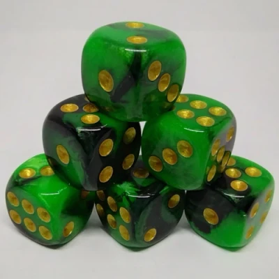 Set of 30 12mm d6 in a bottle with crew-cap - green & black with gold pips