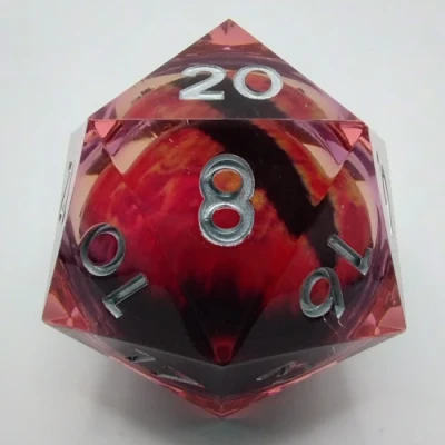 Jumbo 55mm Liquid Core d20 with LED - Red dragon eye in a black suedecloth pouch