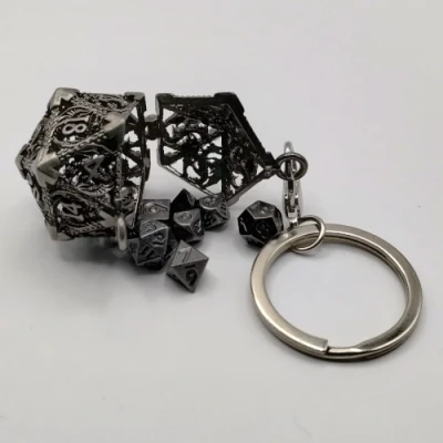 d20 Keychain - dragon rampage - ancient silver with mini-kit of 6mm polyhedral dice