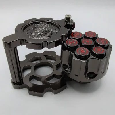 Revolver Dice - black with red in a box