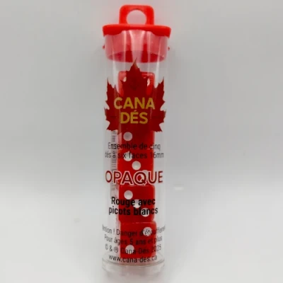 Tube of 5 six-sided dice - 16mm - red with white pips