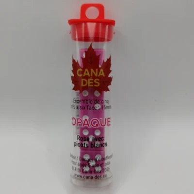 Tube of 5 six-sided dice - 16mm - pink with white pips