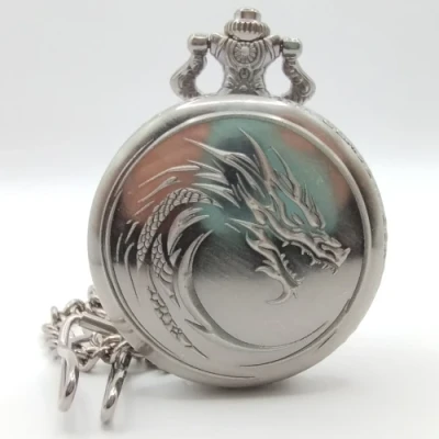 Metal pocket dice case with polyhedral mini-kit: majestic portrait - silver in a black suedecloth pouch