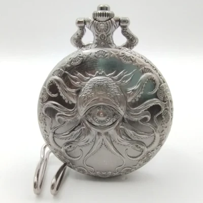 Metal pocket dice case with polyhedral mini-kit: extra-dimensional horror - silver in a black suedecloth pouch