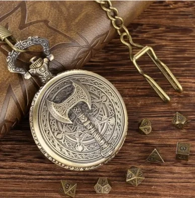 Metal pocket dice case with polyhedral mini-kit: golden battle axe in a black suedecloth pouch