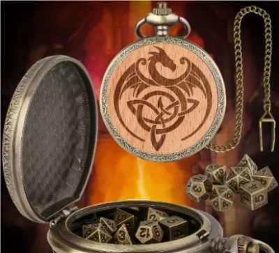 Metal pocket dice case with polyhedral mini-kit: wyvern on light wood in a black suedecloth pouch