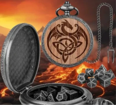 Metal pocket dice case with polyhedral mini-kit: wyvern on dark wood in a black suedecloth pouch