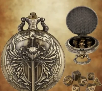 Metal pocket dice case with polyhedral mini-kit: the winged sword - gold in a black suedecloth pouch