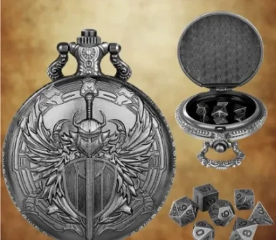 Metal pocket dice case with polyhedral mini-kit: the winged sword - silver in a black suedecloth pouch