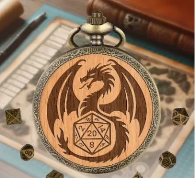 Metal pocket dice case with polyhedral mini-kit: dragon on light wood in a black suedecloth pouch