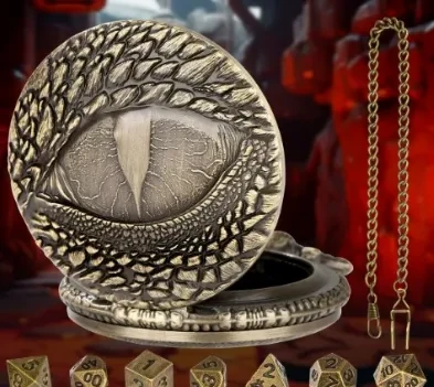 Metal pocket dice case with polyhedral mini-kit: evil eye - gold in a black suedecloth pouch