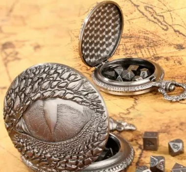 Metal pocket dice case with polyhedral mini-kit: evil eye - gold in a black suedecloth pouch